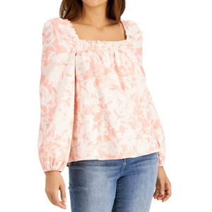 INC Smocked-Neck Top Sz Large NWT Pastel Garden Long Sleeves 0153